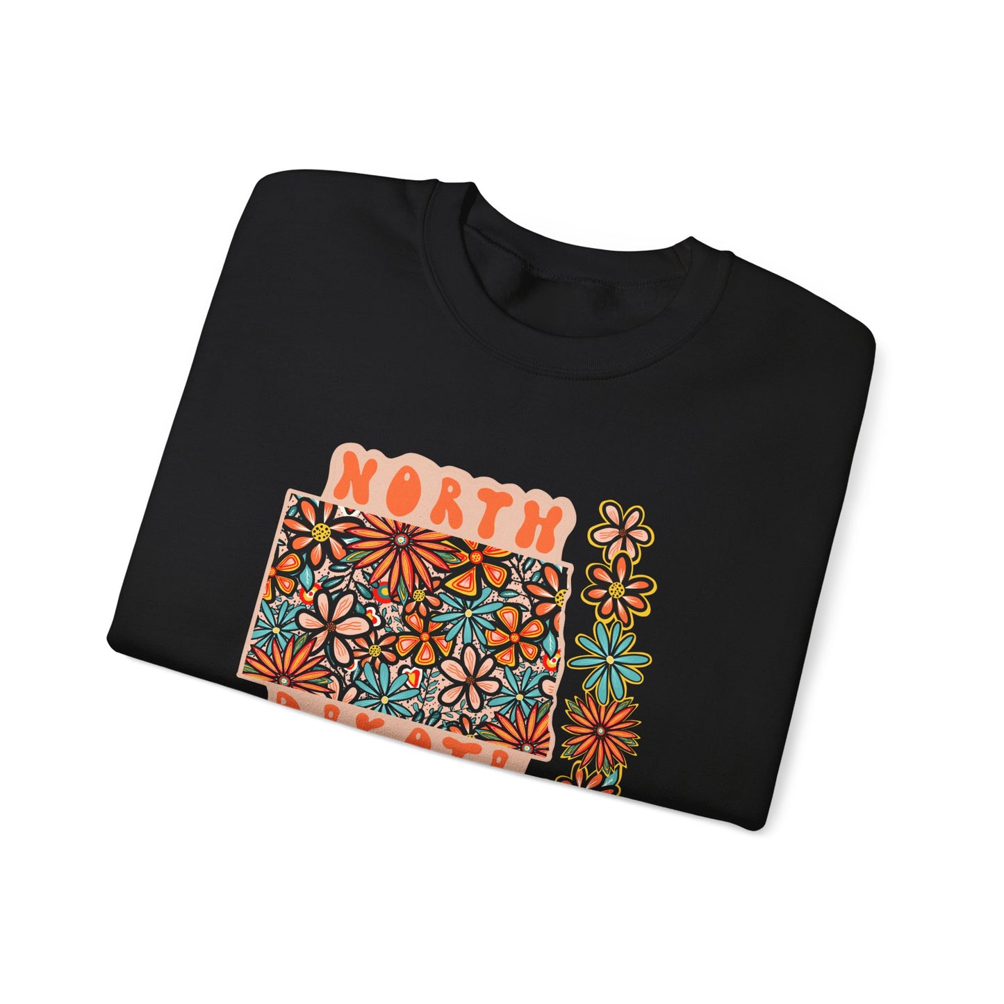 Retro 70s Flowers North Dakota State Design — Heavy Blend™ Crewneck Sweatshirt