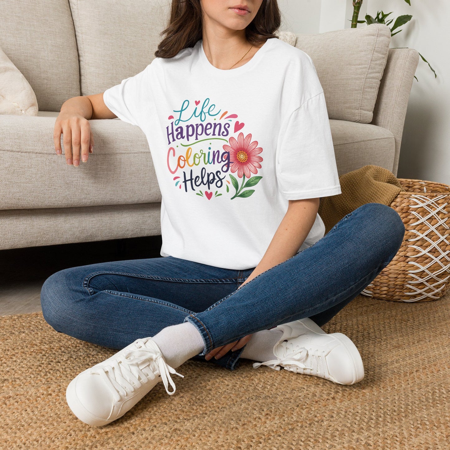 Life Happens Coloring Helps T-Shirt — Floral Adult Coloring Therapy Tee