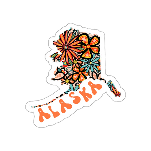 Alaska State Sticker | Vinyl Artist Designed Illustration Featuring Alaska State Outline Filled With Retro Flowers with Retro Hand-Lettering Die-Cut Stickers