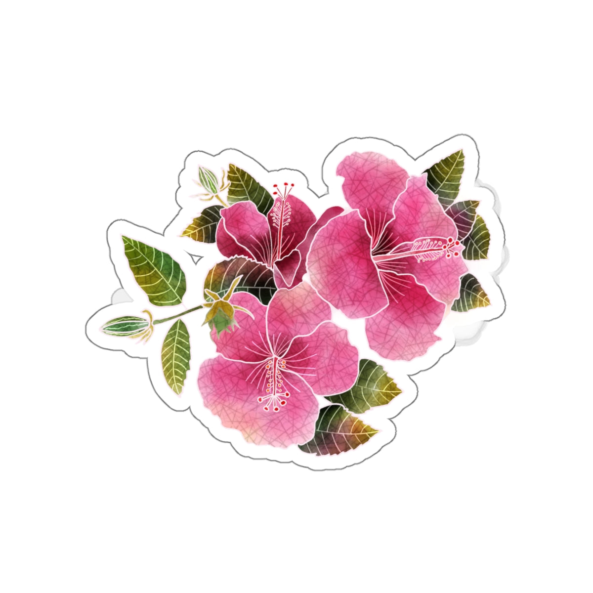 Three Pink Hibiscus with Buds and Leaves Hibiscus Die-Cut Stickers