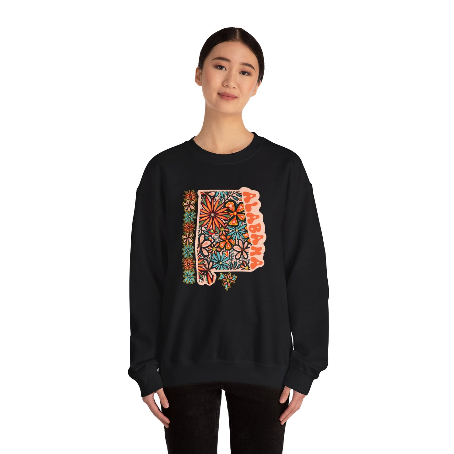 Retro 70s Flowers Alabama State Design — Heavy Blend™ Crewneck Sweatshirt