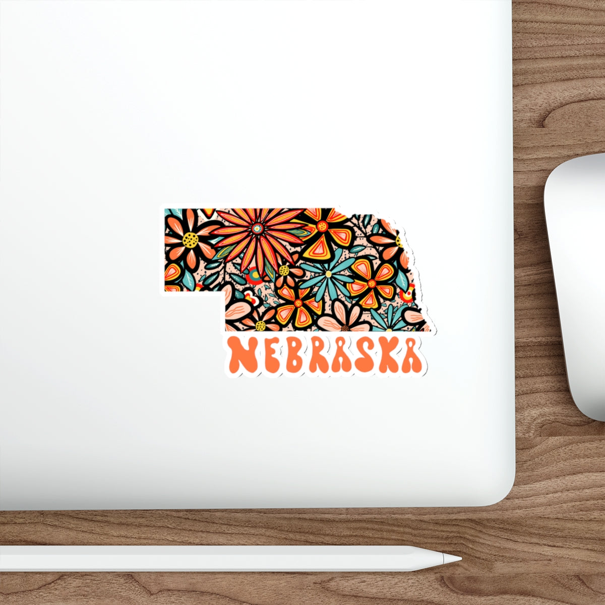 Nebraska State Sticker | Vinyl Artist Designed Illustration Featuring Nebraska State Outline Filled With Retro Flowers with Retro Hand-Lettering Die-Cut Stickers