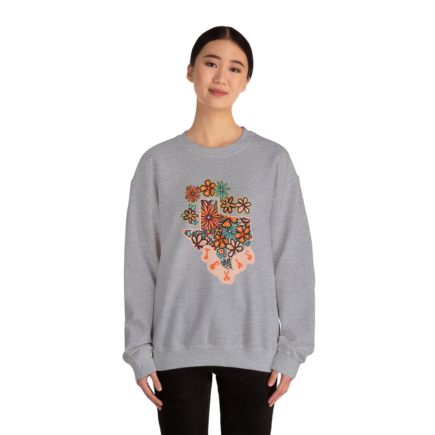 Retro 70s Flowers Texas State Design — Heavy Blend™ Crewneck Sweatshirt