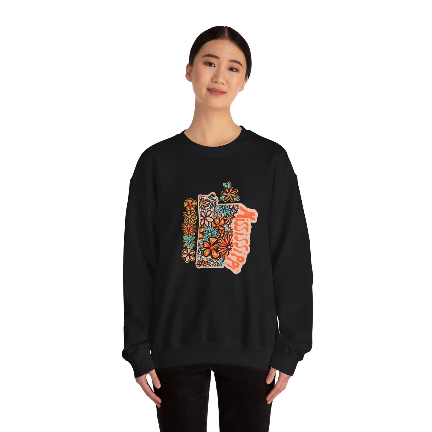 Retro 70s Flowers Mississippi State Design — Heavy Blend™ Crewneck Sweatshirt