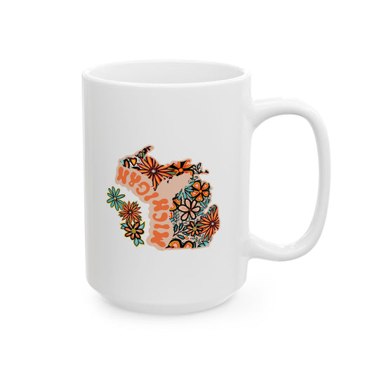 Retro 70s Flowers Michigan Ceramic Mug 11 oz and 15 oz