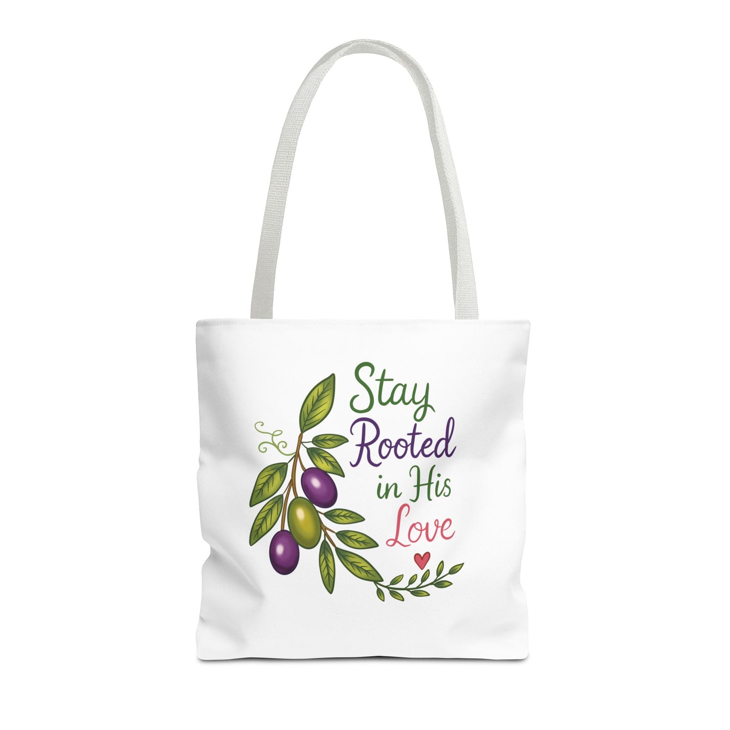 Stay Rooted in His Love Tote Bag — Faith-Based Olive Branch Canvas Tote