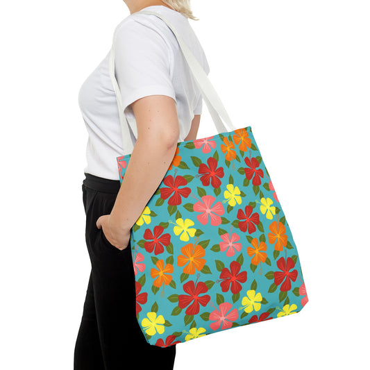 Colorful Hibiscus on Turquoise Tote Bag