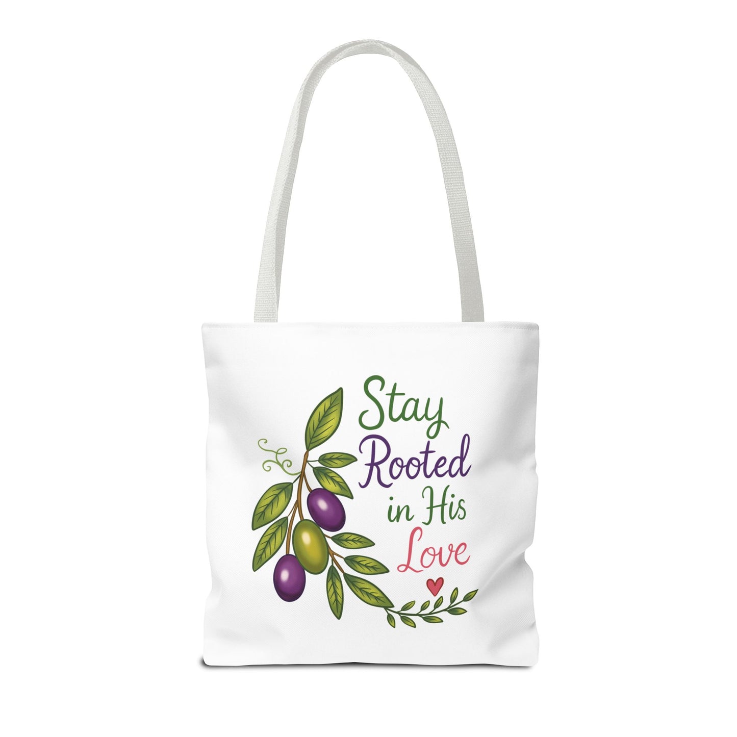 Stay Rooted in His Love Tote Bag — Faith-Based Olive Branch Canvas Tote