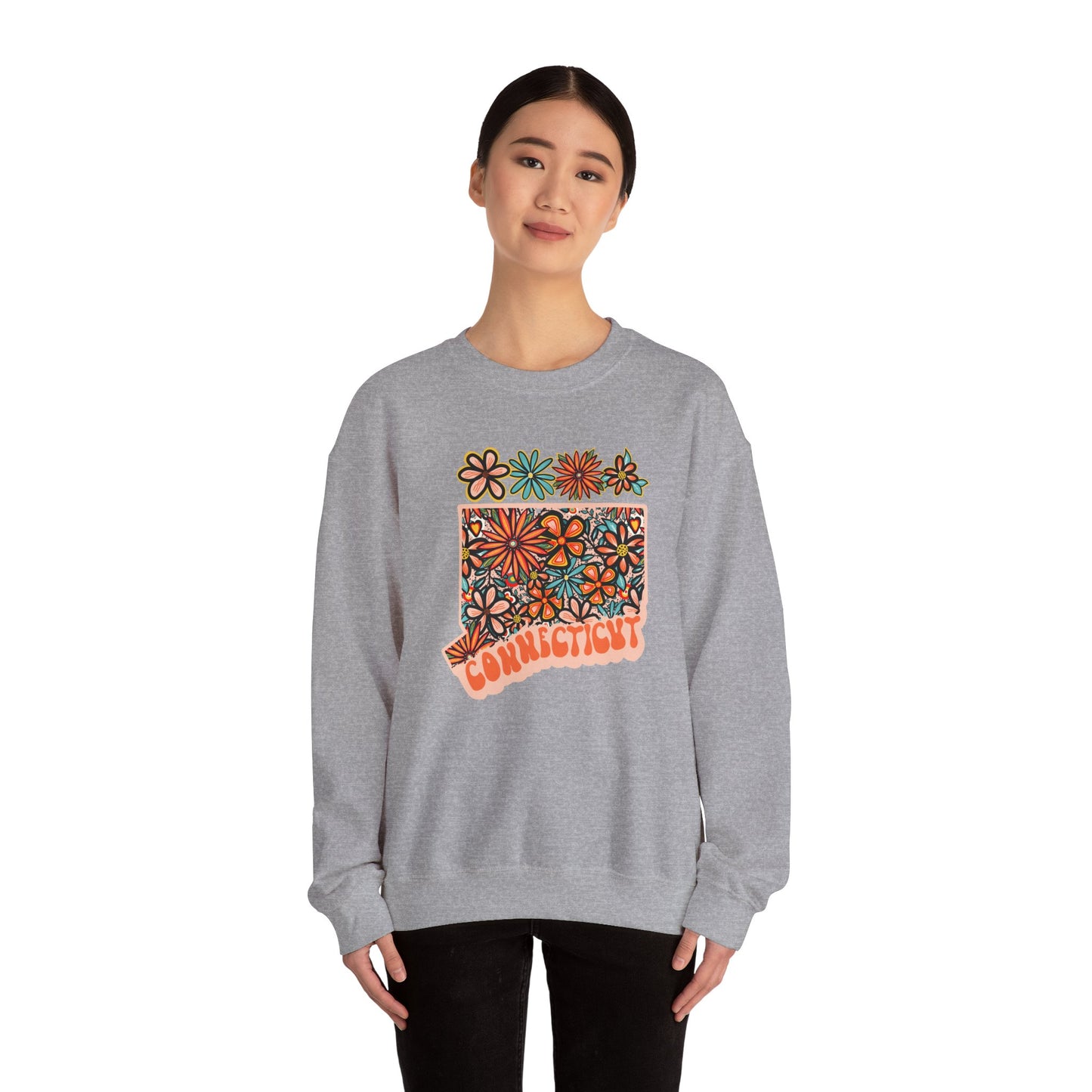 Retro 70s Flowers Connecticut State Design — Heavy Blend™ Crewneck Sweatshirt