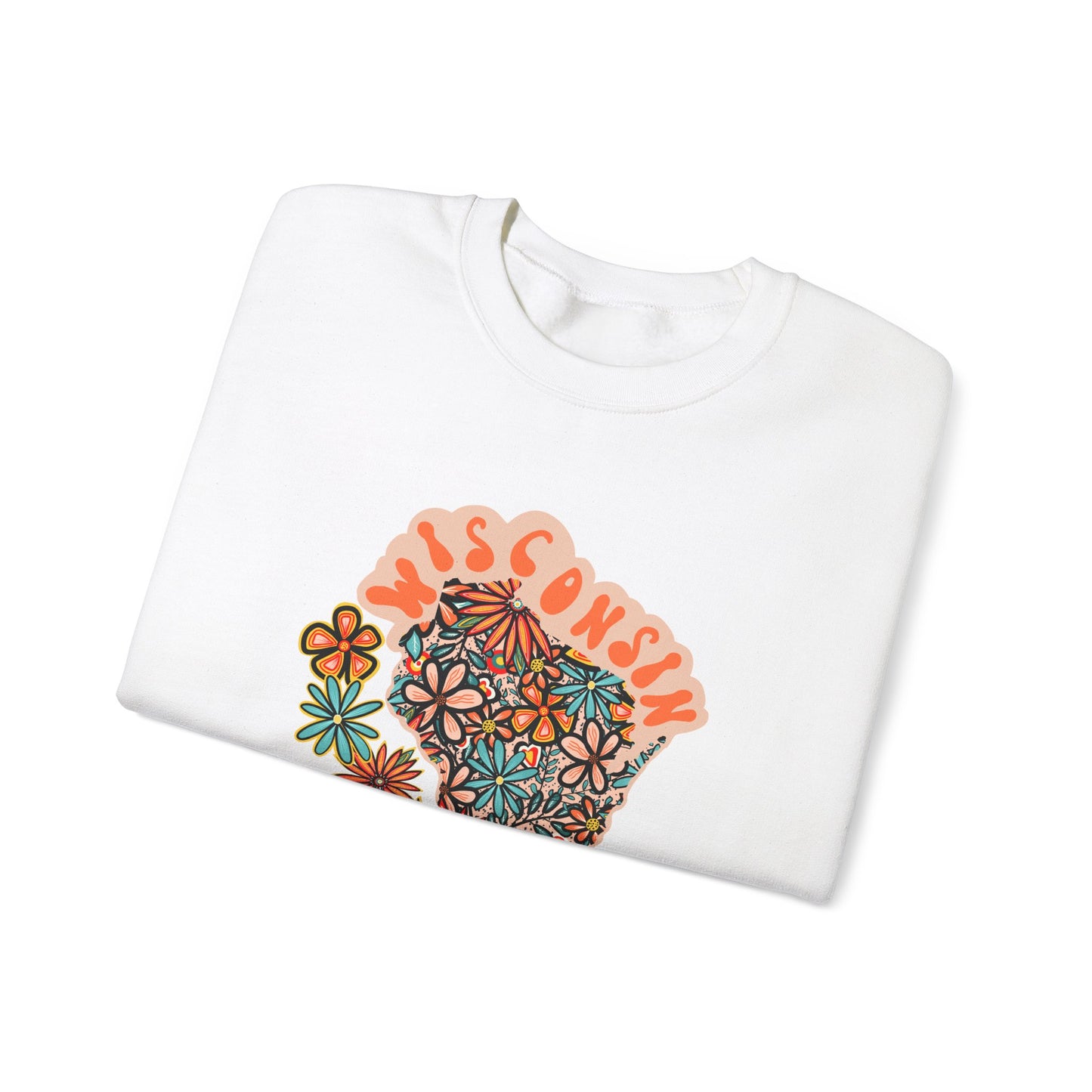 Retro 70s Flowers Wisconsin State Design — Heavy Blend™ Crewneck Sweatshirt