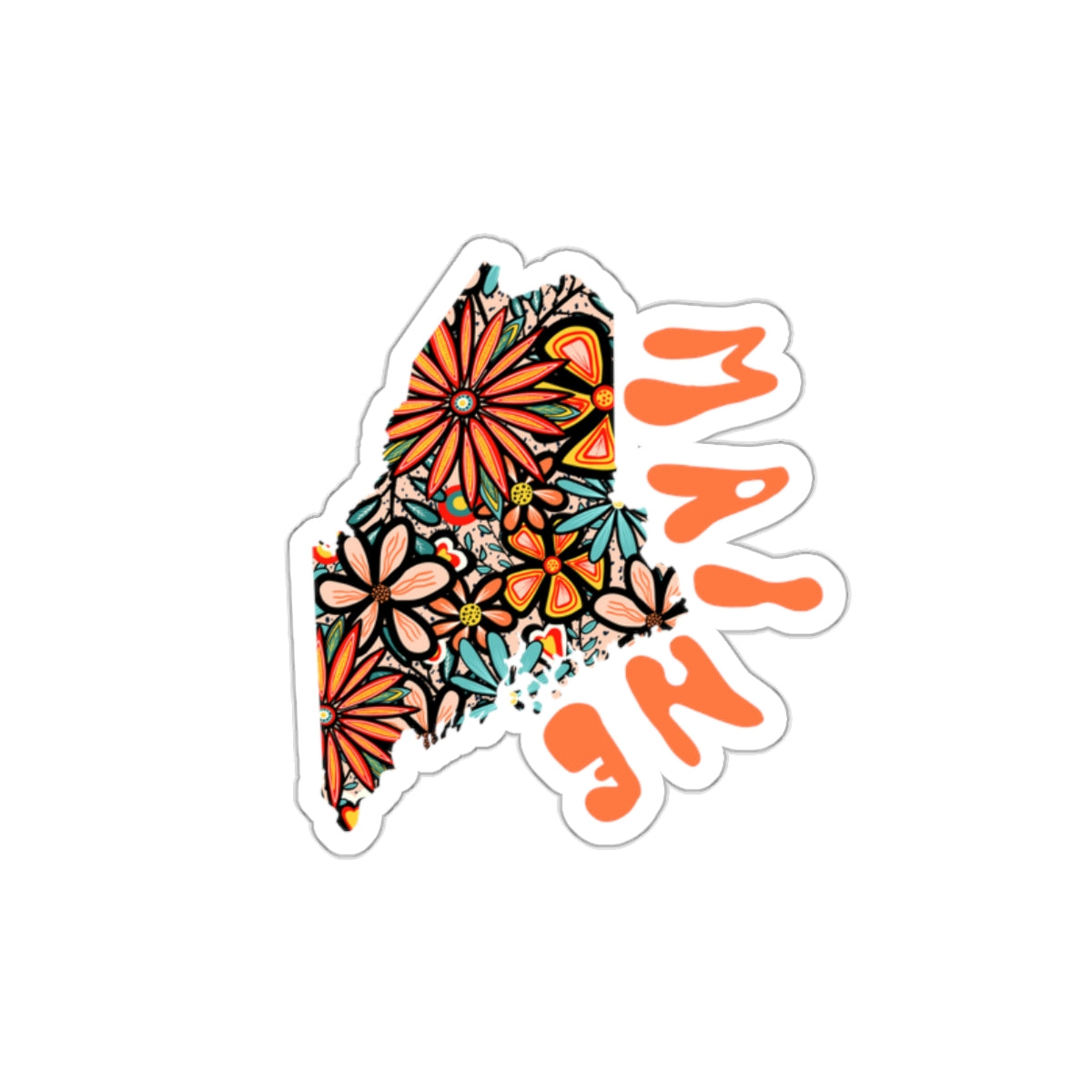 Maine State Sticker | Vinyl Artist Designed Illustration Featuring Maine State Outline Filled With Retro Flowers with Retro Hand-Lettering Die-Cut Stickers