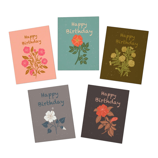 Birthday Cards with Five Different Block Print Style Flower Designs in Retro Colors — Multi-Design Greeting Cards (5-Pack) with Envelopes — Ships only in Continental US and Shipping is FREE