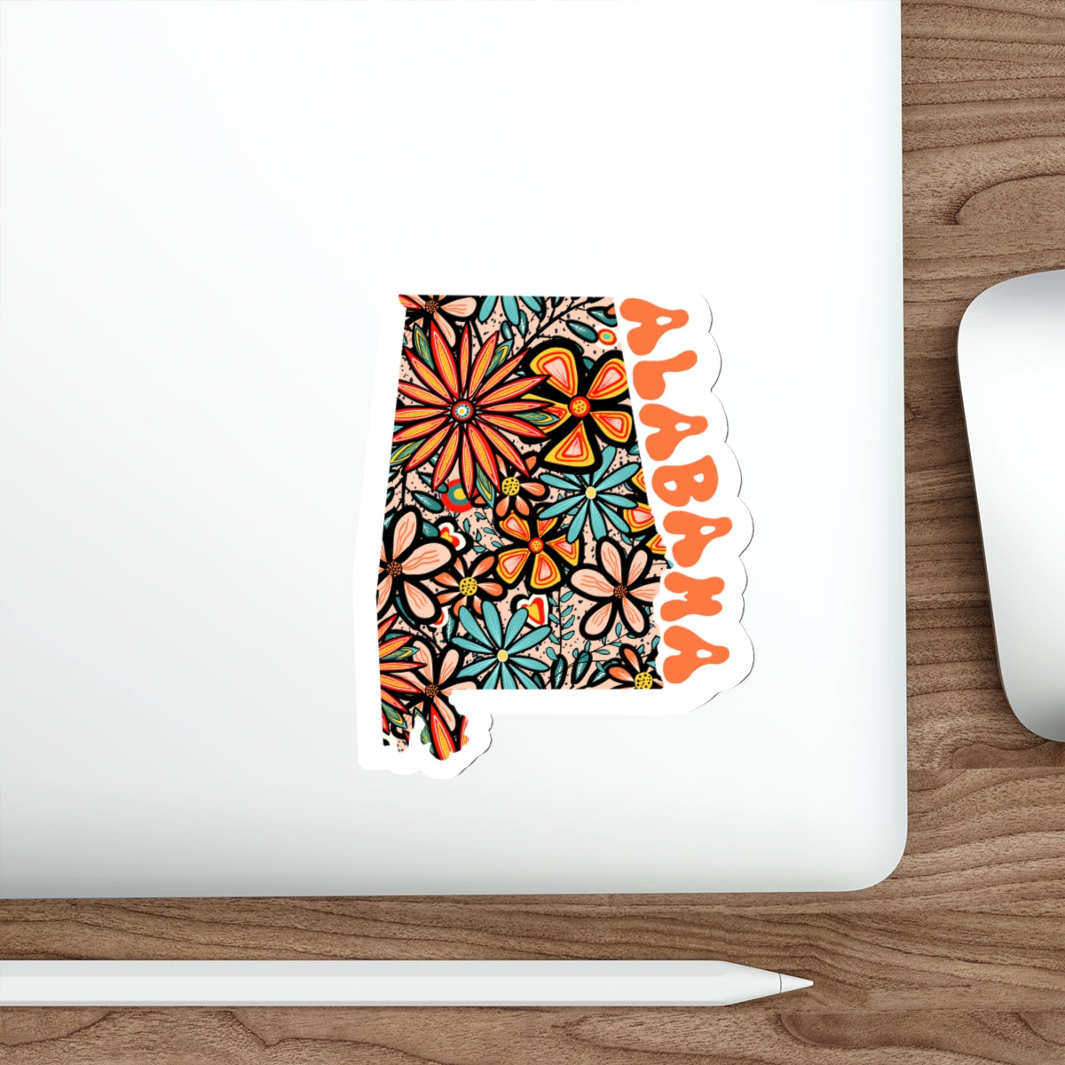 Alabama State Sticker | Vinyl Artist Designed Illustration Featuring Alabama State Outline Filled With Retro Flowers with Retro Hand-Lettering Die-Cut Stickers