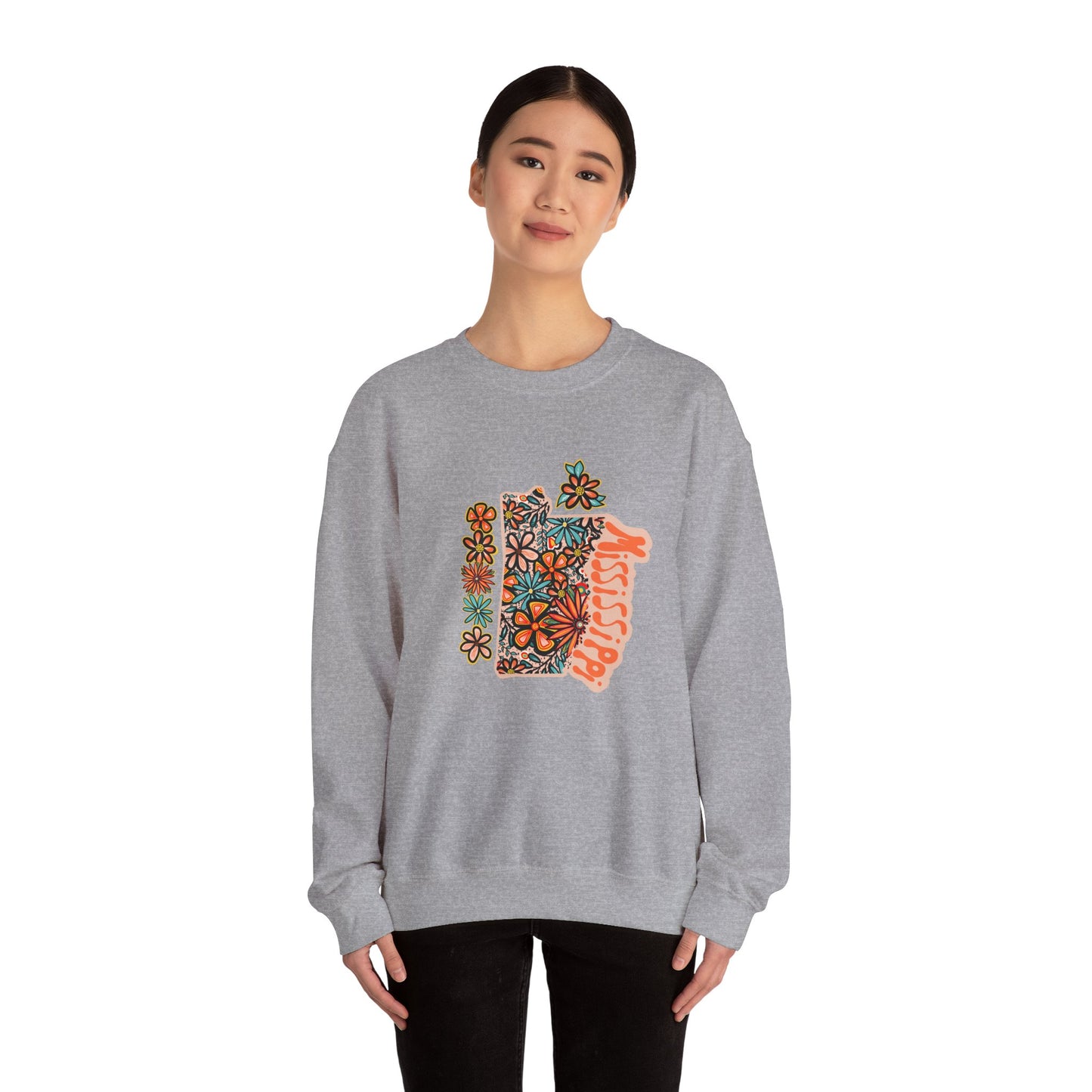 Retro 70s Flowers Mississippi State Design — Heavy Blend™ Crewneck Sweatshirt