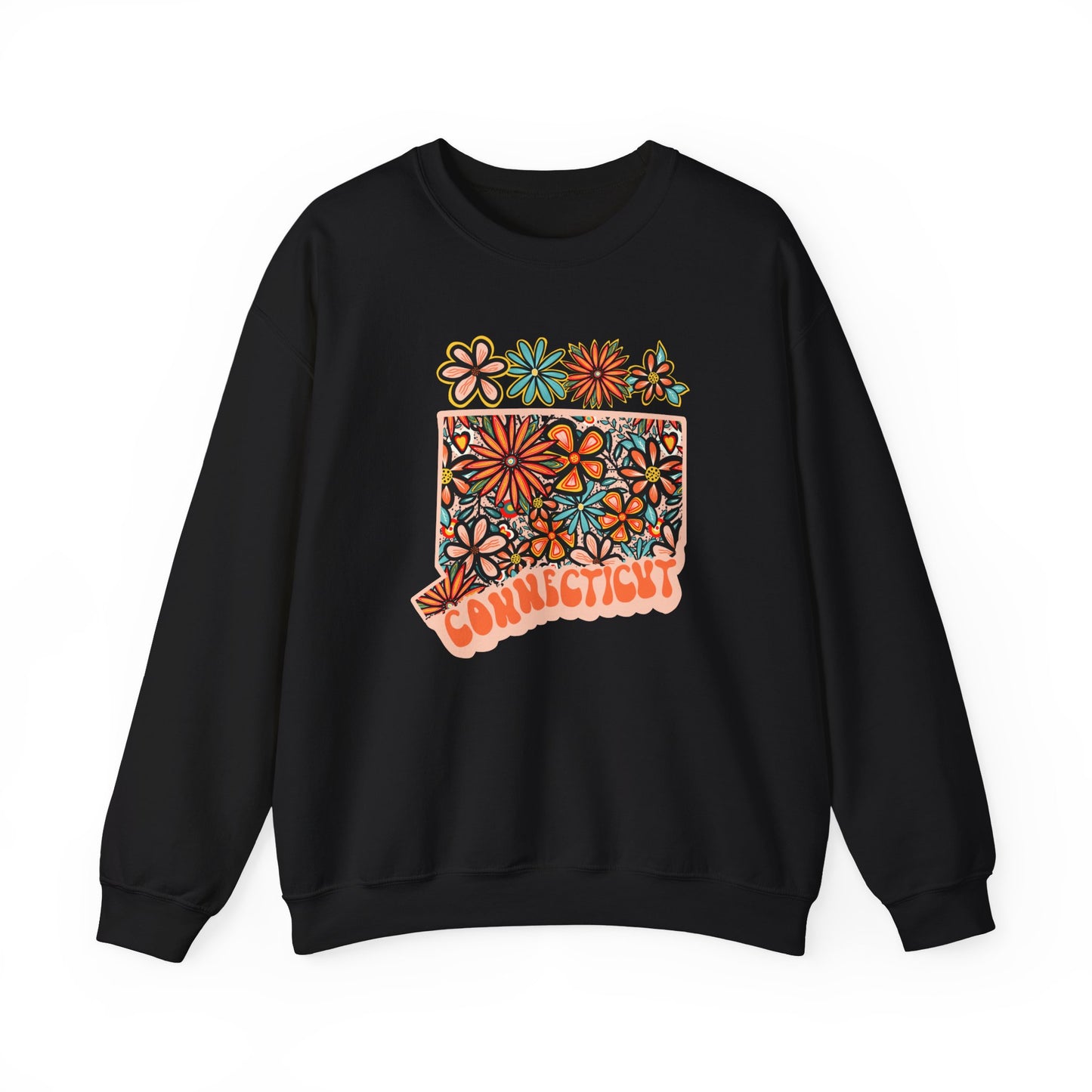 Retro 70s Flowers Connecticut State Design — Heavy Blend™ Crewneck Sweatshirt