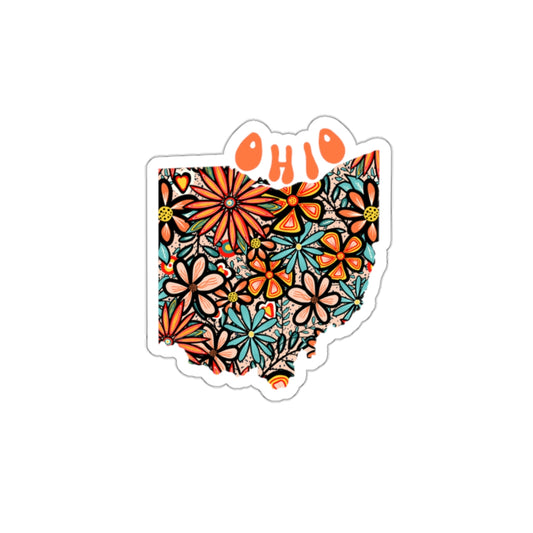 Ohio State Sticker | Vinyl Artist Designed Illustration Featuring Ohio State Outline Filled With Retro Flowers with Retro Hand-Lettering Die-Cut Stickers