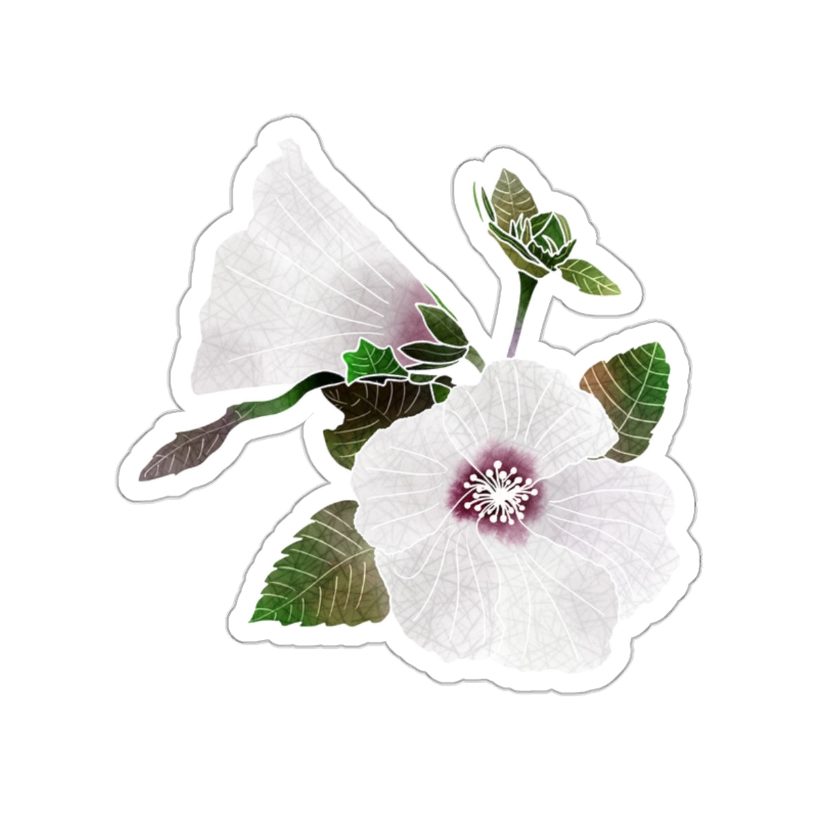 Two White Hibiscus with Leaves Die-Cut Stickers