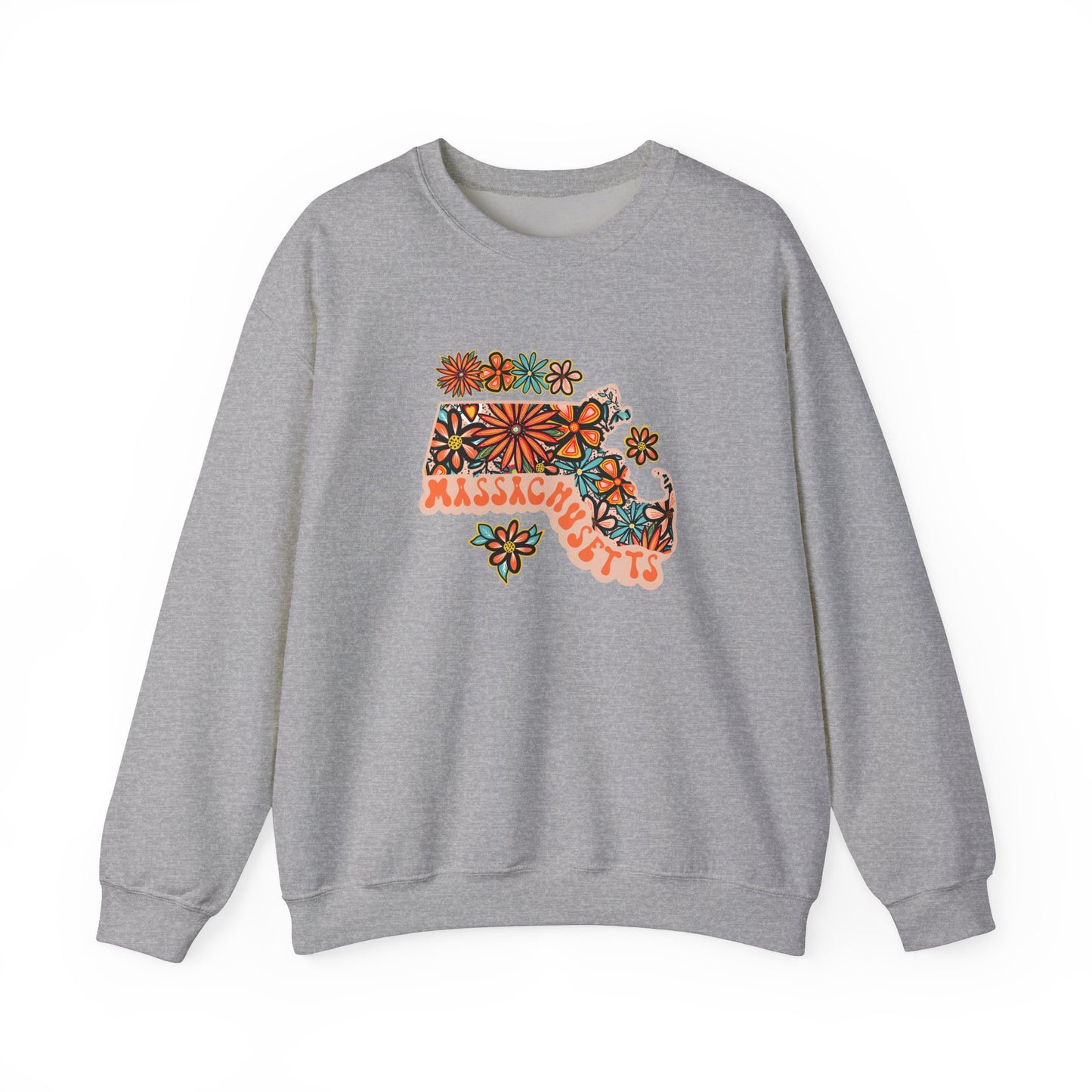 Retro 70s Flowers Massachusetts State Design — Heavy Blend™ Crewneck Sweatshirt