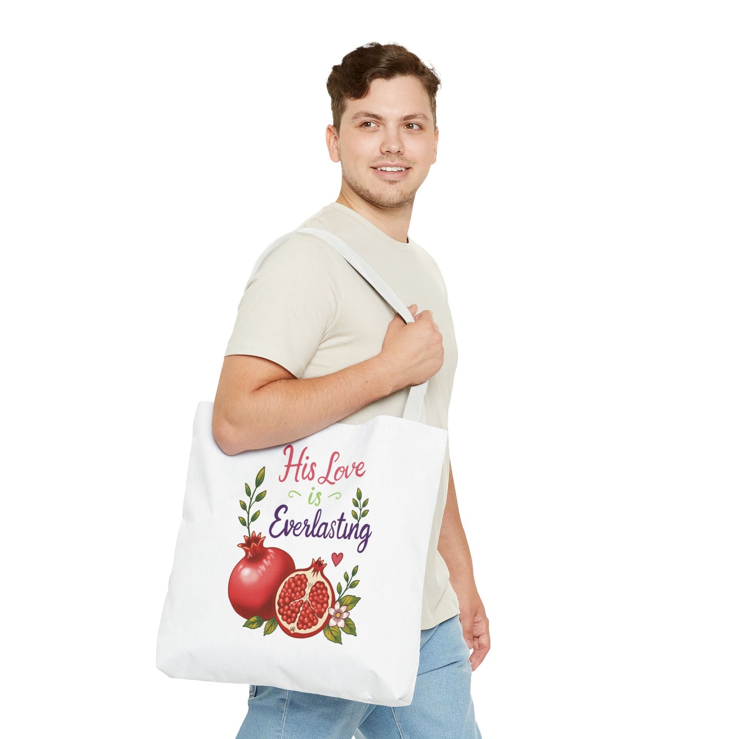 His Love Is Everlasting Pomegranate Tote Bag — Christian Floral Grocery Tote