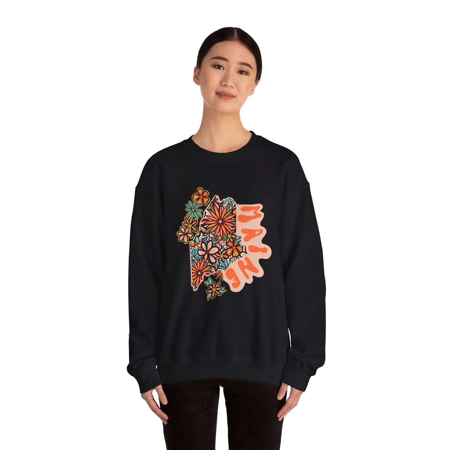 Retro 70s Flowers Maine State Design — Heavy Blend™ Crewneck Sweatshirt