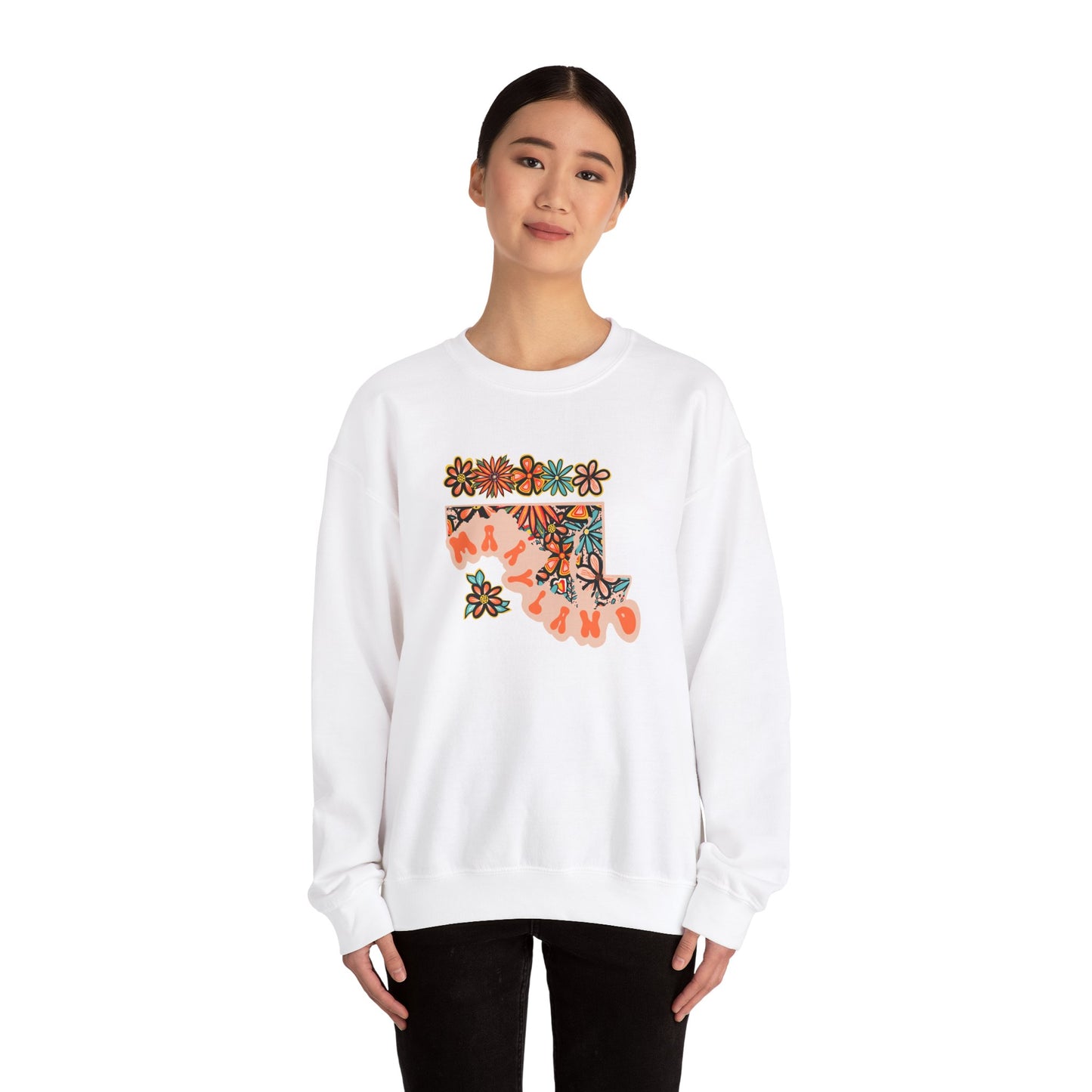 Retro 70s Flowers Maryland State Design — Heavy Blend™ Crewneck Sweatshirt