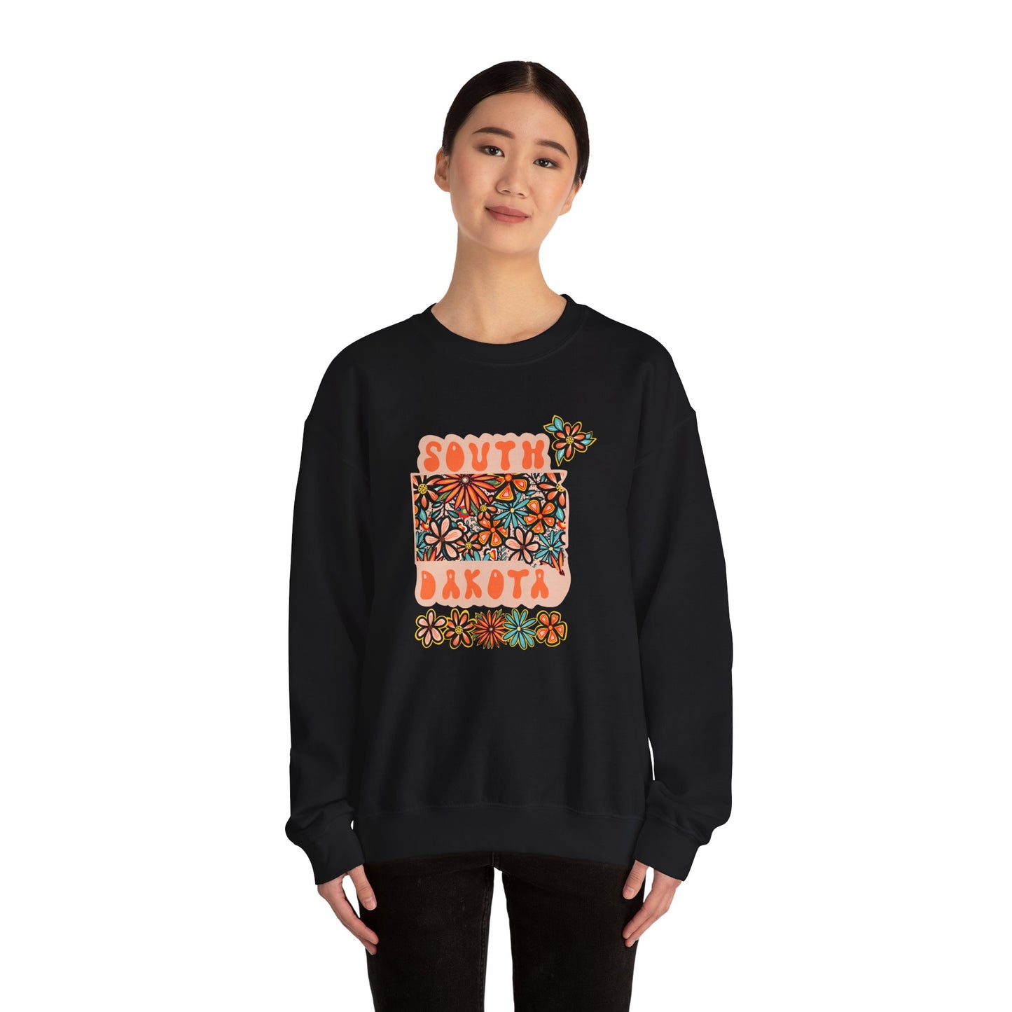 Retro 70s Flowers South Dakota State Design — Heavy Blend™ Crewneck Sweatshirt