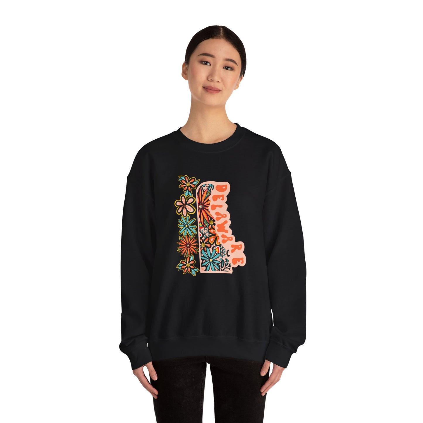 Retro 70s Flowers Delaware State Design — Heavy Blend™ Crewneck Sweatshirt