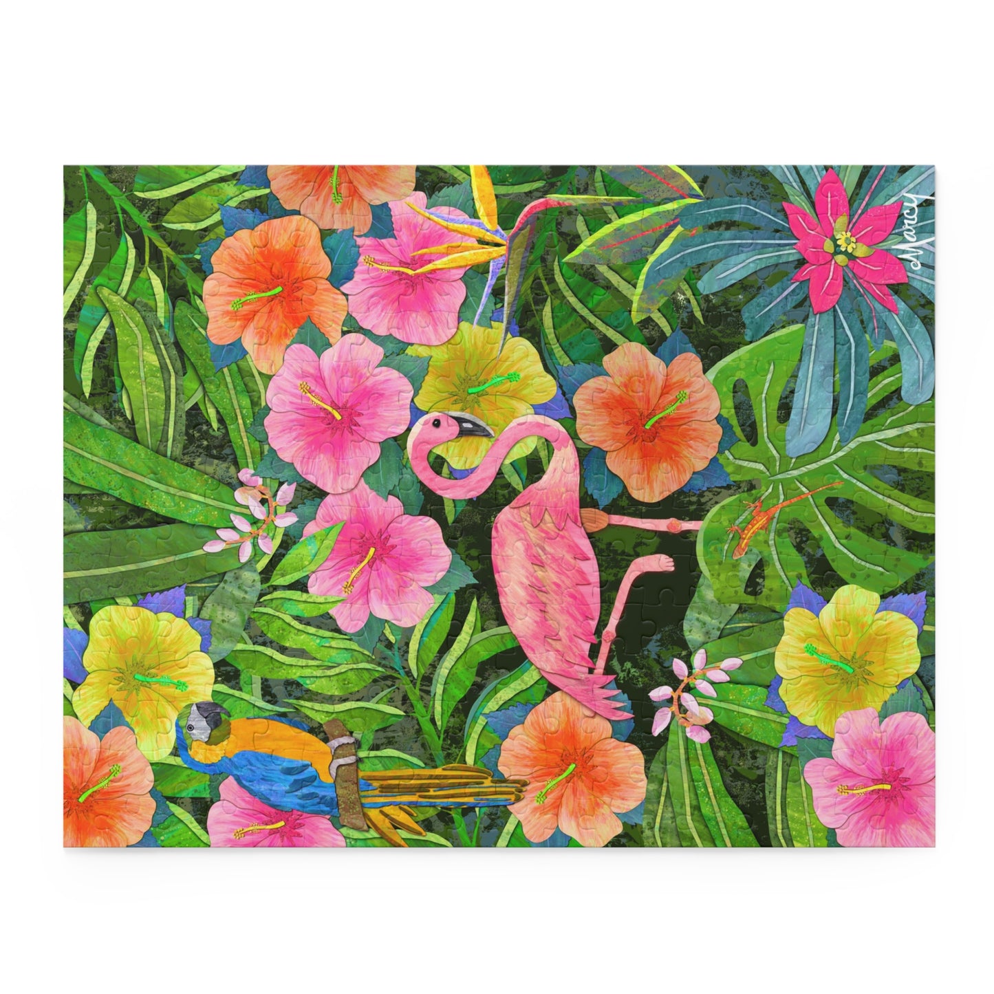 Flamingo in jungle Garden, digital painted paper collage  Puzzle (120, 252, 500-Piece)