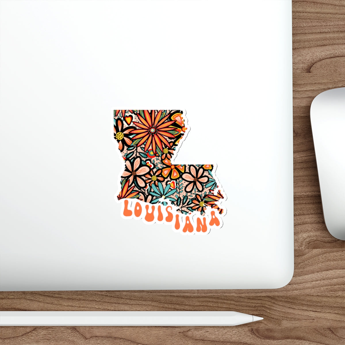 Louisiana State Sticker | Vinyl Artist Designed Illustration Featuring Louisiana State Outline Filled With Retro Flowers with Retro Hand-Lettering Die-Cut Stickers