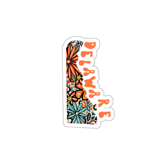 Delaware State Sticker | Vinyl Artist Designed Illustration Featuring Delaware State Outline Filled With Retro Flowers with Retro Hand-Lettering Die-Cut Stickers