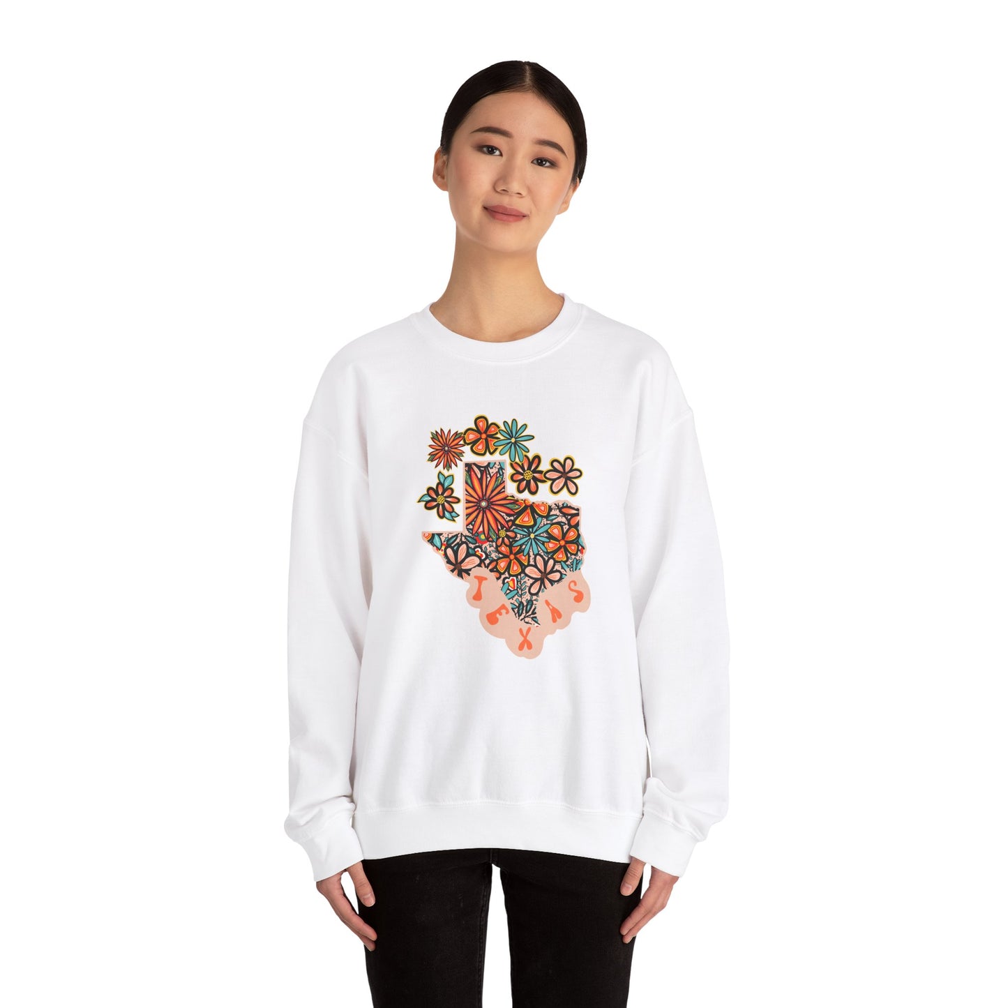 Retro 70s Flowers Texas State Design — Heavy Blend™ Crewneck Sweatshirt