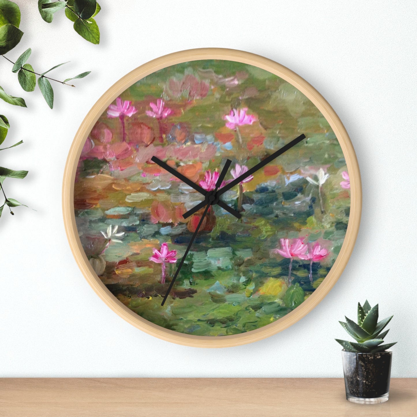 Water Lily Art Wall Clock — Impressionist Floral Timepiece