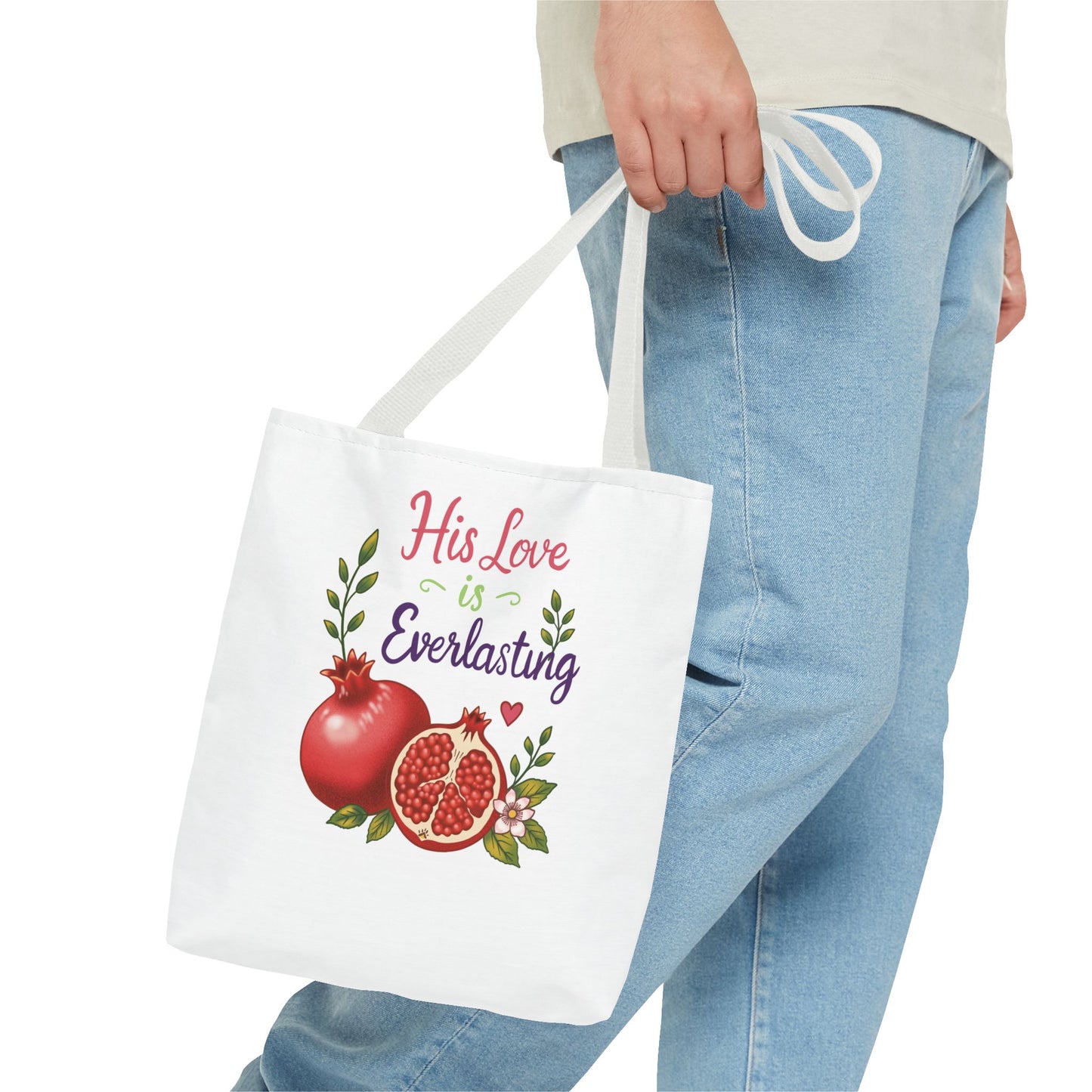 His Love Is Everlasting Pomegranate Tote Bag — Christian Floral Grocery Tote