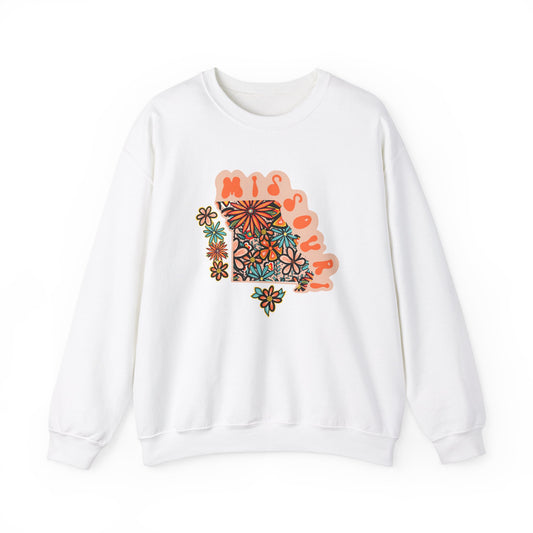 Retro 70s Flowers Missouri State Design — Heavy Blend™ Crewneck Sweatshirt