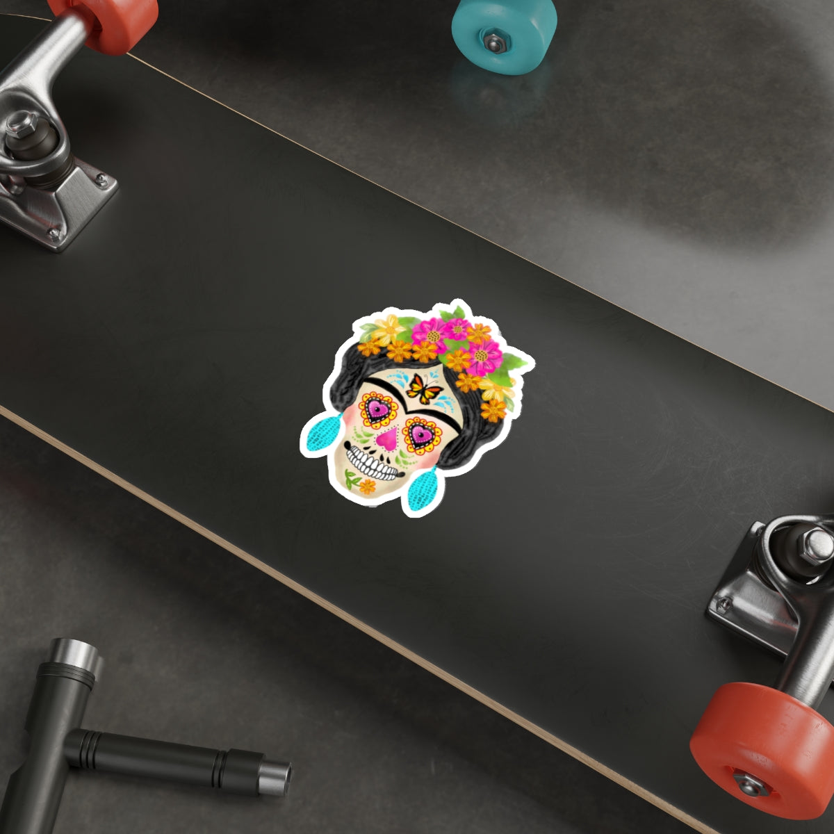 Frida Sugar Skull with Turquoise Earrings Die-Cut Stickers