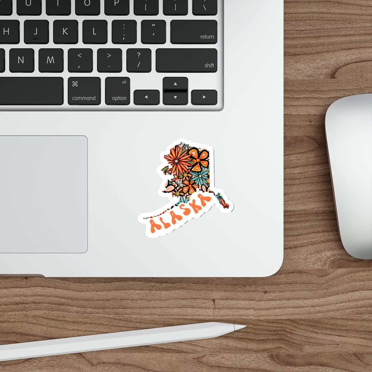 Alaska State Sticker | Vinyl Artist Designed Illustration Featuring Alaska State Outline Filled With Retro Flowers with Retro Hand-Lettering Die-Cut Stickers