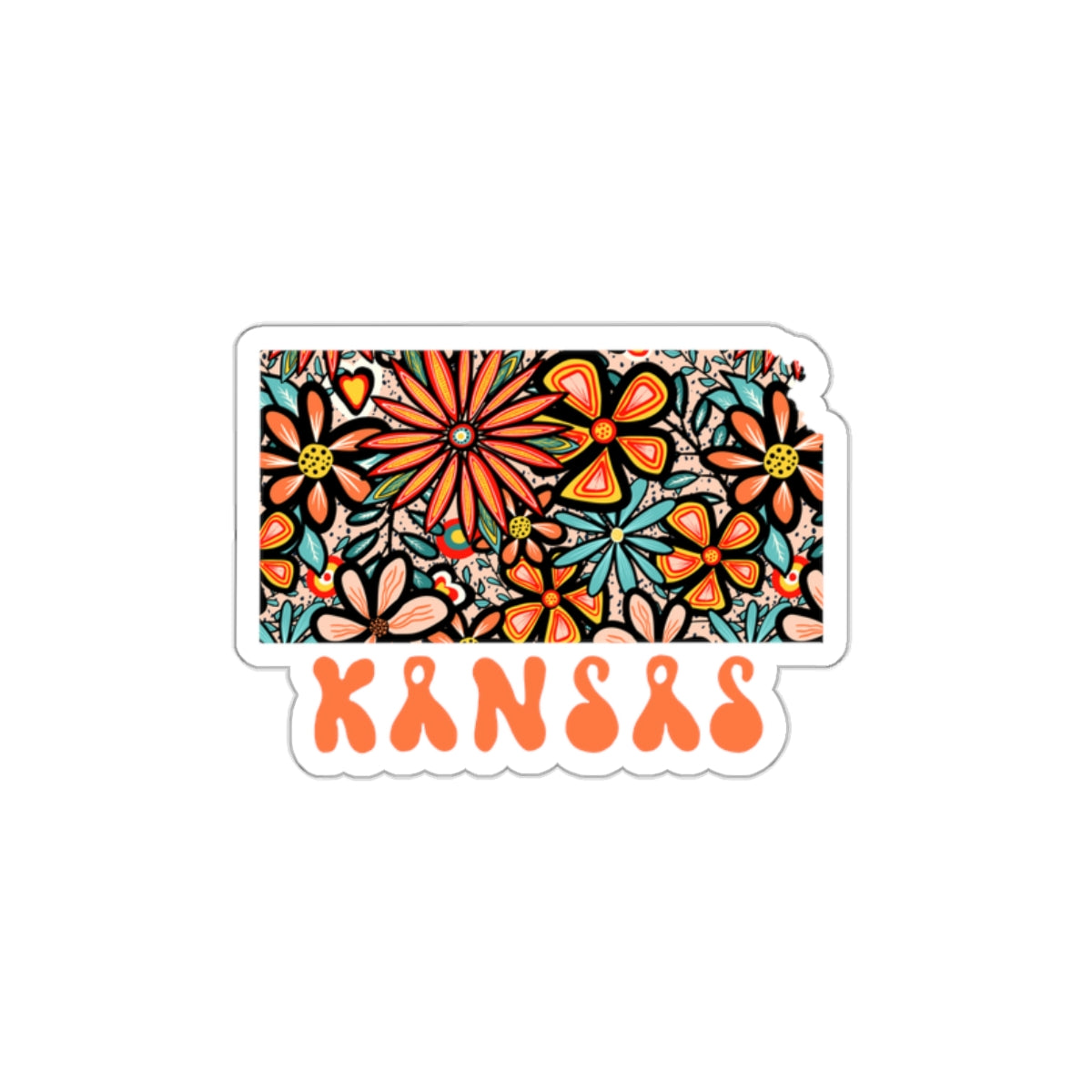 Kansas State Sticker | Vinyl Artist Designed Illustration Featuring Kansas State Outline Filled With Retro Flowers with Retro Hand-Lettering Die-Cut Stickers