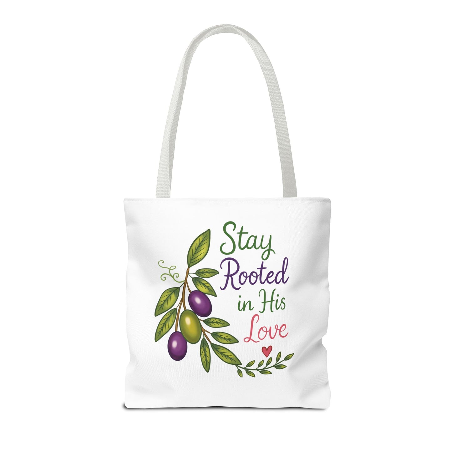 Stay Rooted in His Love Tote Bag — Faith-Based Olive Branch Canvas Tote