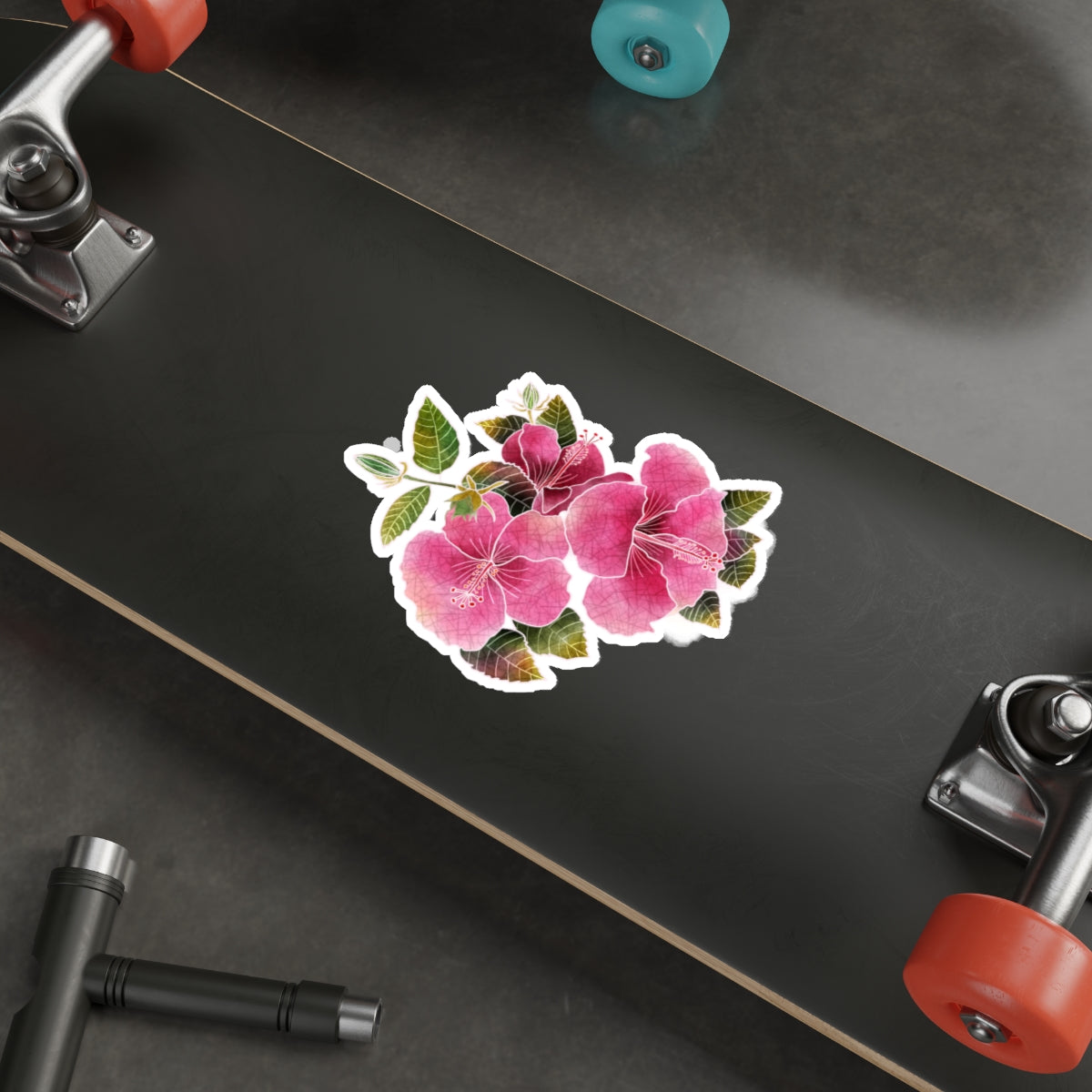 Three Pink Hibiscus with Buds and Leaves Hibiscus Die-Cut Stickers