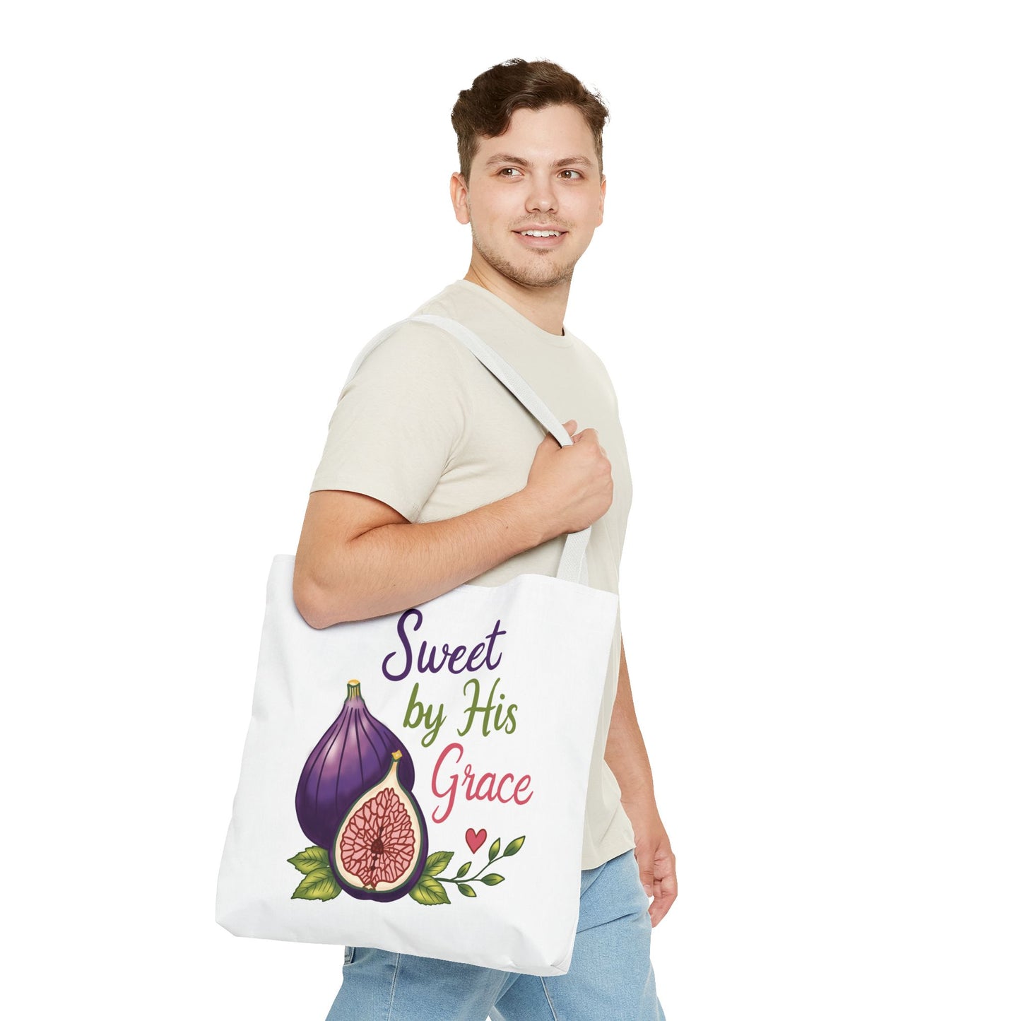 Sweet by His Grace Tote Bag — Faith-Inspired Fig Illustration