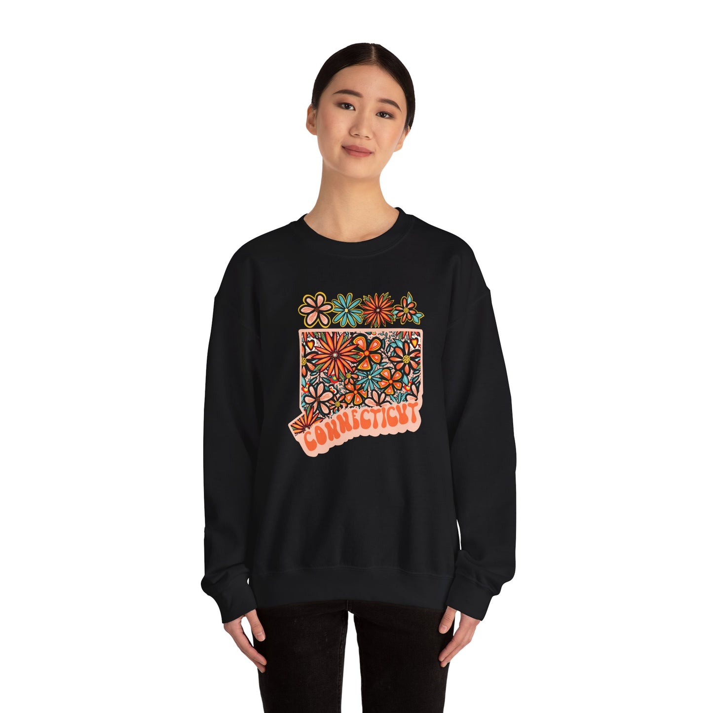 Retro 70s Flowers Connecticut State Design — Heavy Blend™ Crewneck Sweatshirt