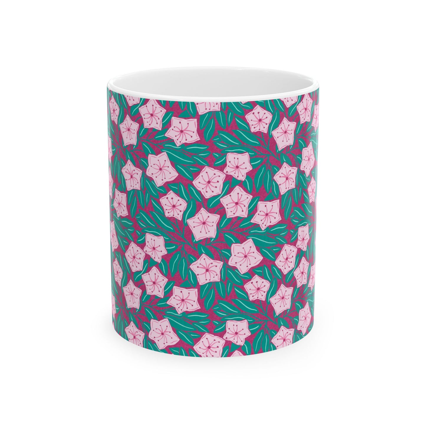 Pink Mountain Laurel Blossoms Ceramic Mug — Pink Flowers on Teal Background (11oz/15oz)