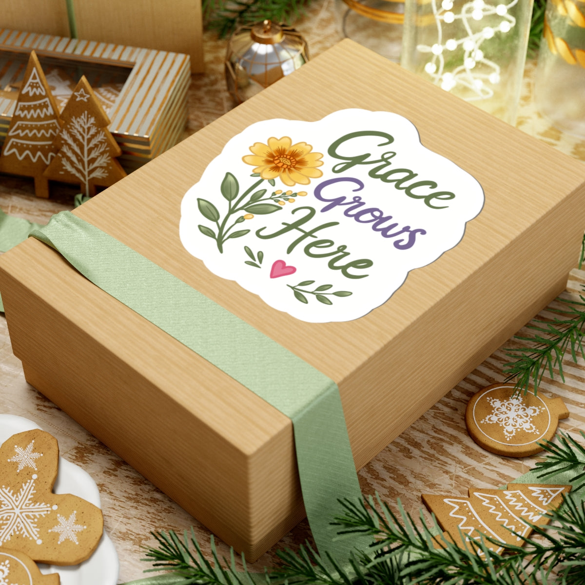 Grace Grows Here Floral Sticker — Inspirational Kiss-Cut Vinyl Sticker