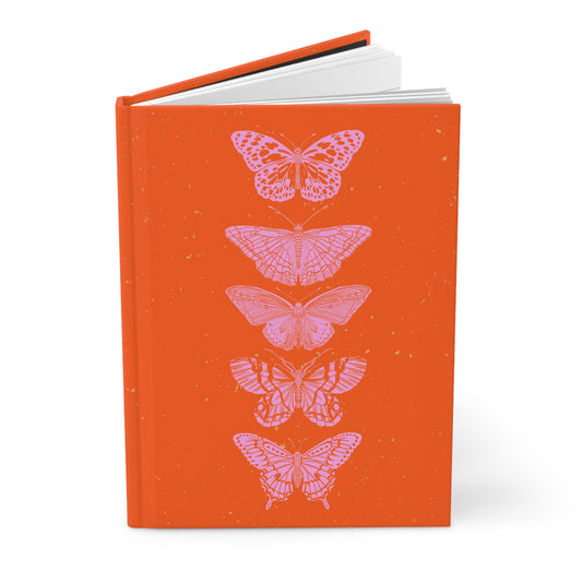Pink Block Print Butterflies on Orange Background Hardcover Journal