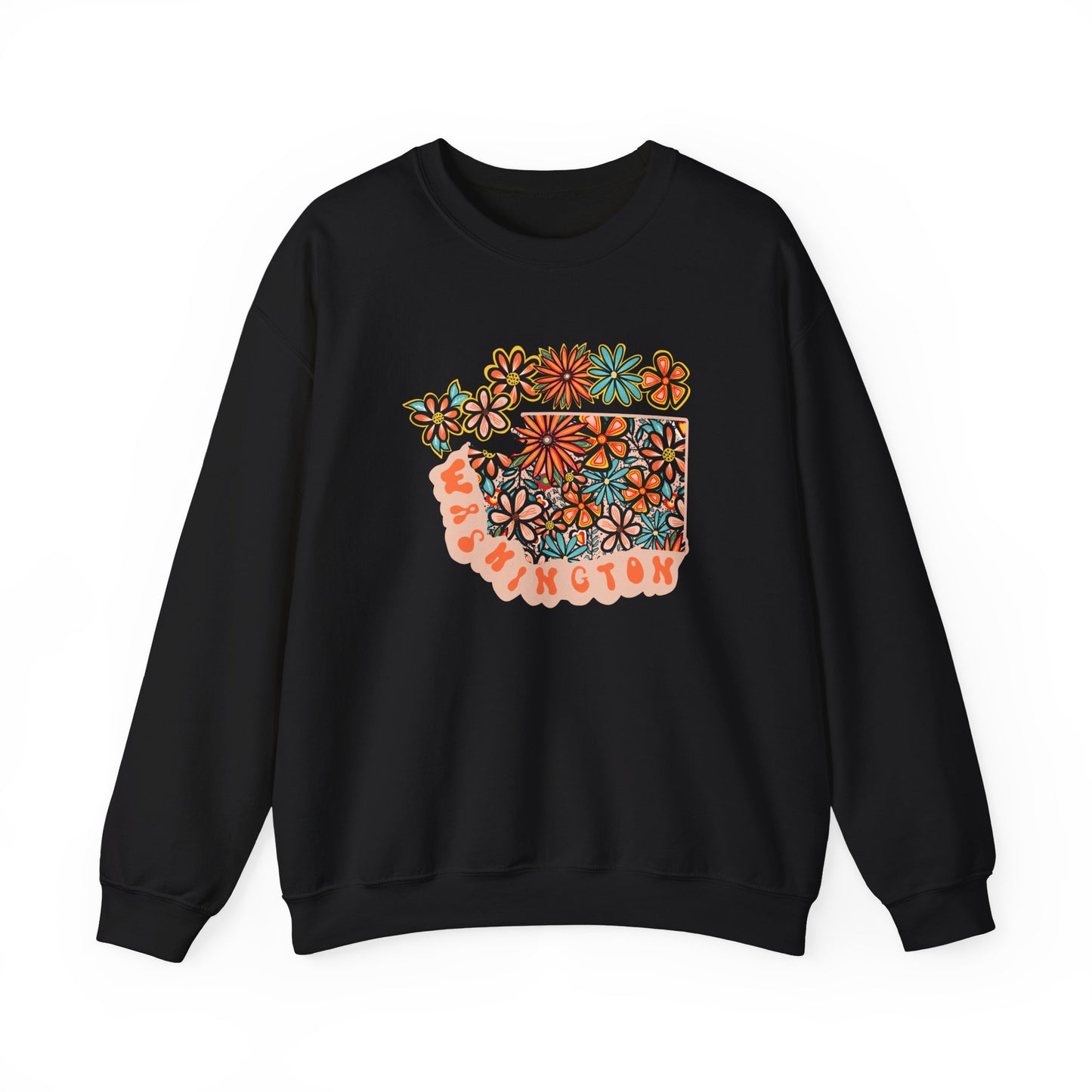 Retro 70s Flowers Washington State Design — Heavy Blend™ Crewneck Sweatshirt