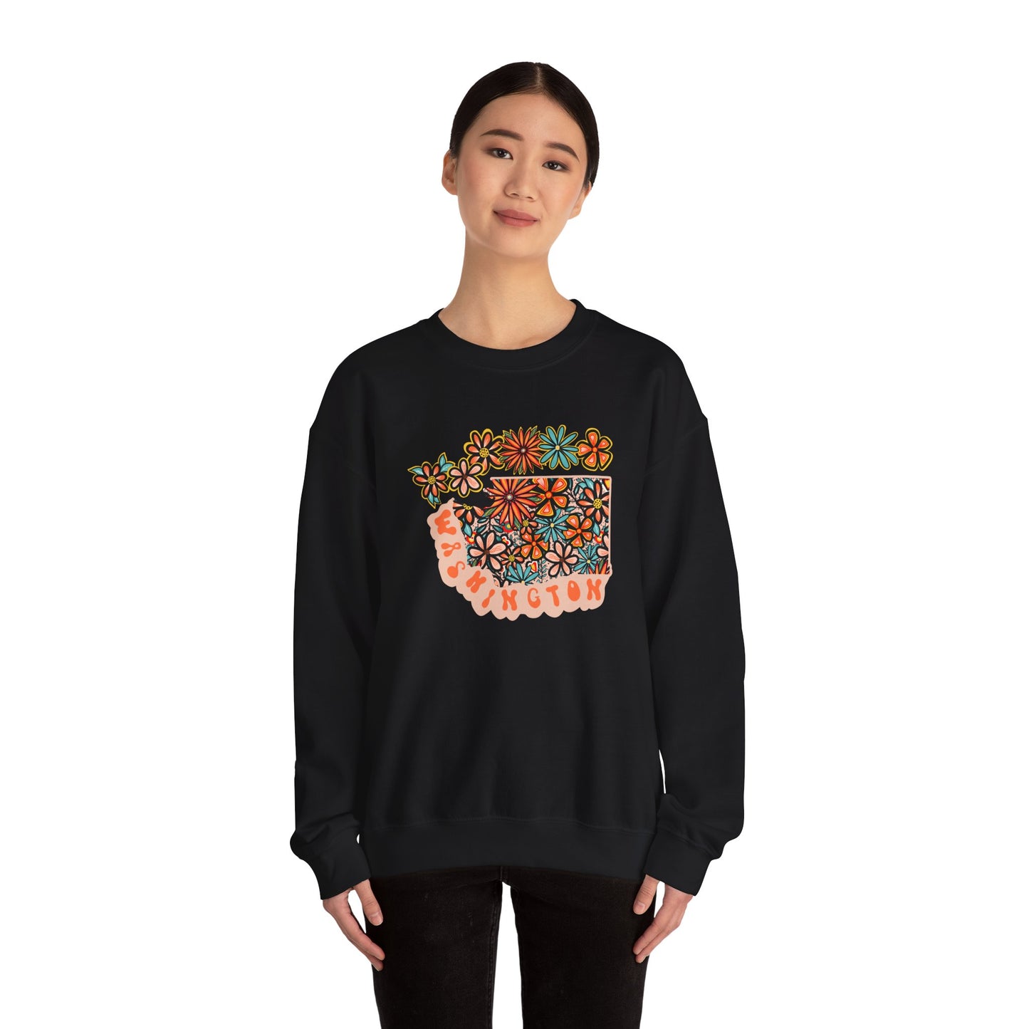 Retro 70s Flowers Washington State Design — Heavy Blend™ Crewneck Sweatshirt