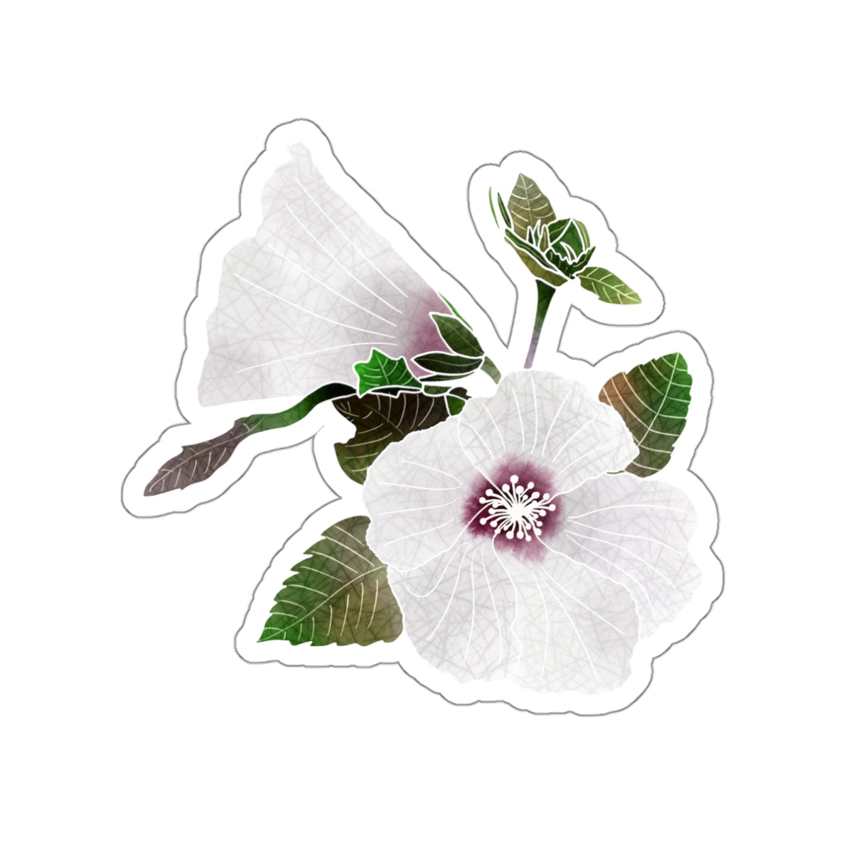 Two White Hibiscus with Leaves Die-Cut Stickers