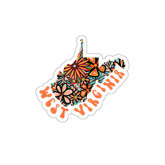 West Virginia State Sticker | Vinyl Artist Designed Illustration Featuring West Virginia State Filled With Retro Flowers with Retro Hand-Lettering Die-Cut Stickers