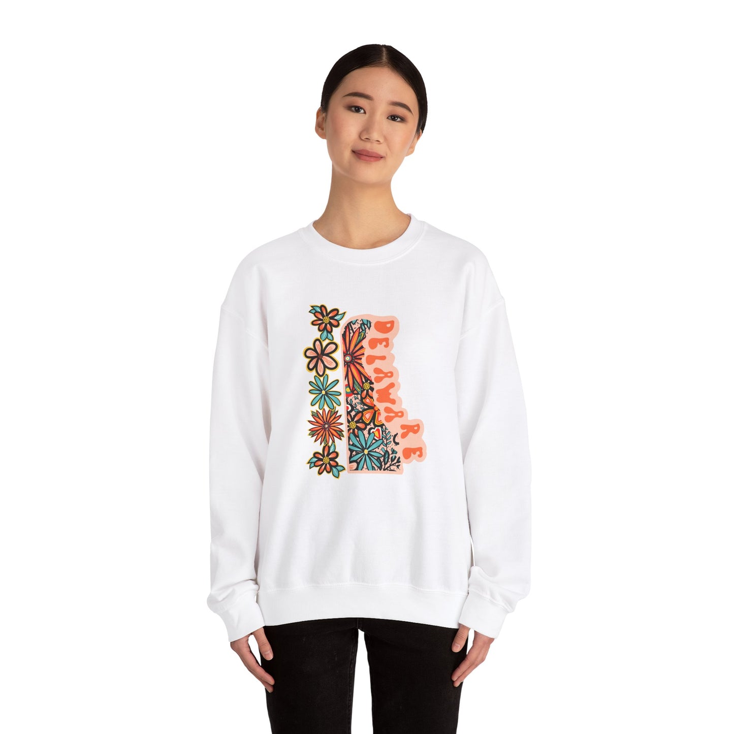 Retro 70s Flowers Delaware State Design — Heavy Blend™ Crewneck Sweatshirt