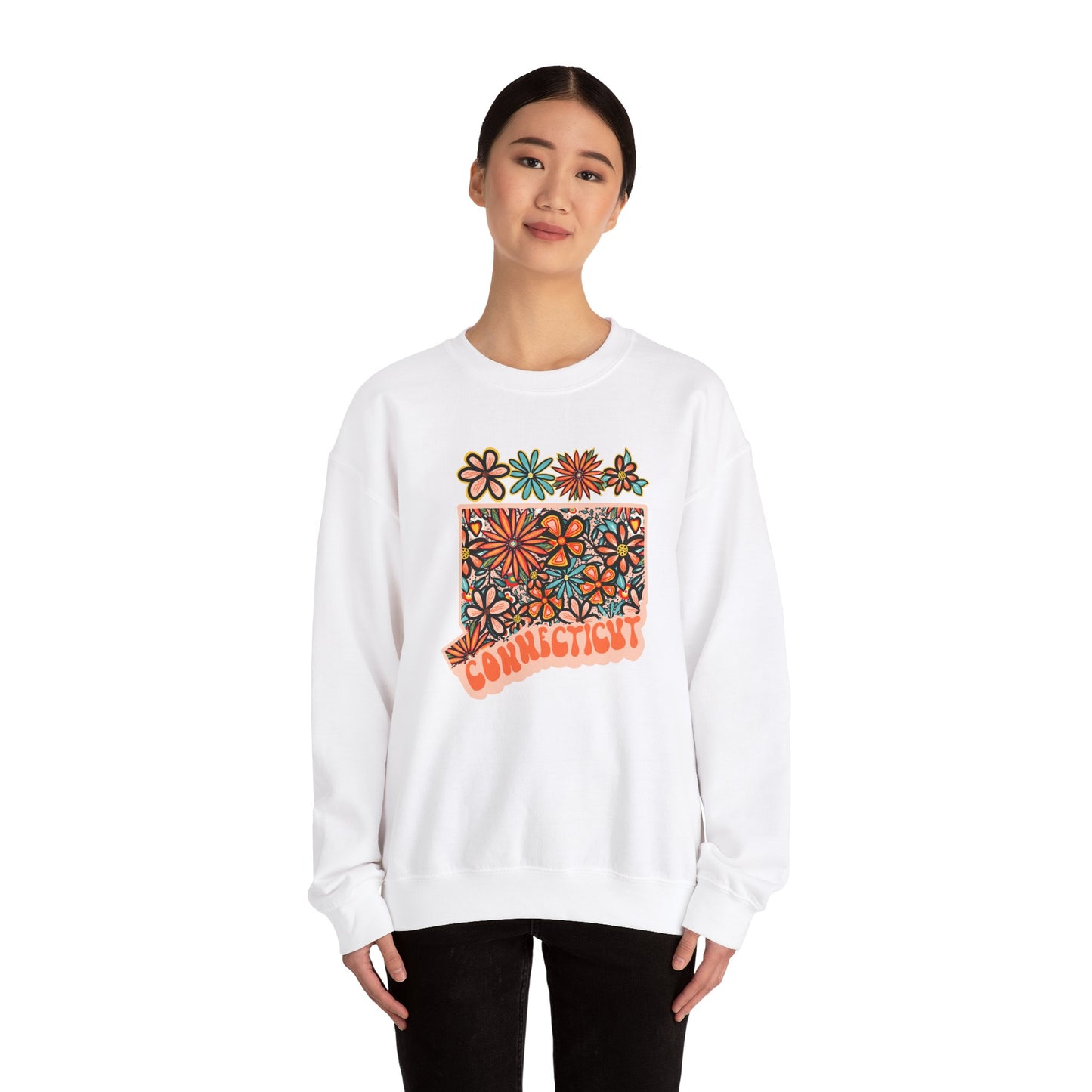 Retro 70s Flowers Connecticut State Design — Heavy Blend™ Crewneck Sweatshirt